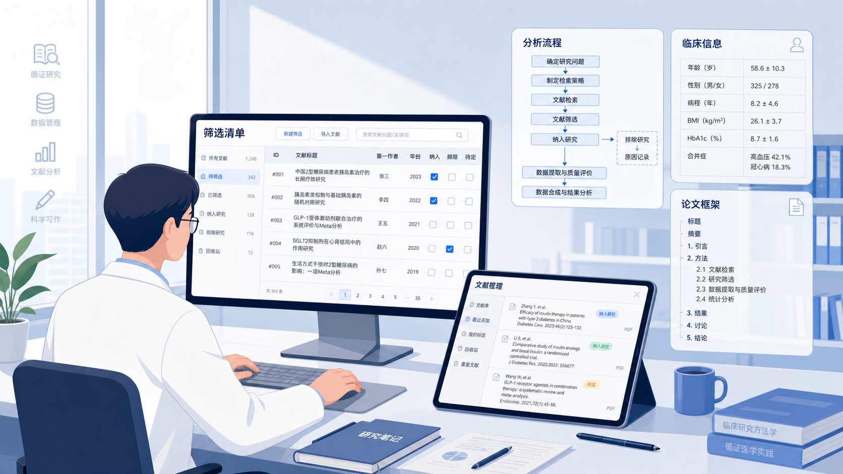 科研人员整理数据库筛选清单，旁边有分析流程图、临床信息表和论文写作框架，整体风格专业简洁