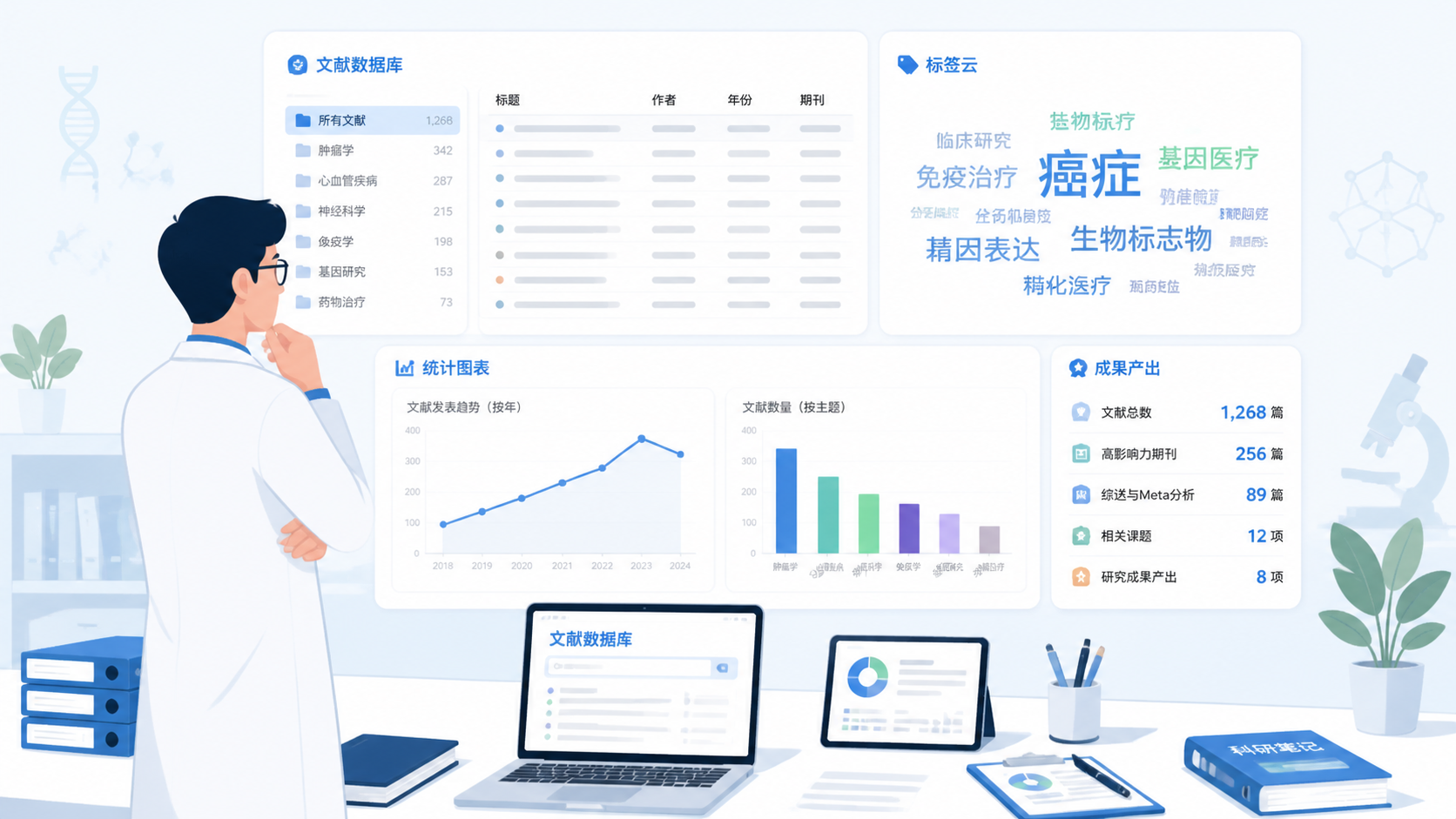 科研人员在整洁的工作台前查看已分类的文献数据库、标签云和统计图表，体现高效科研管理与成果产出