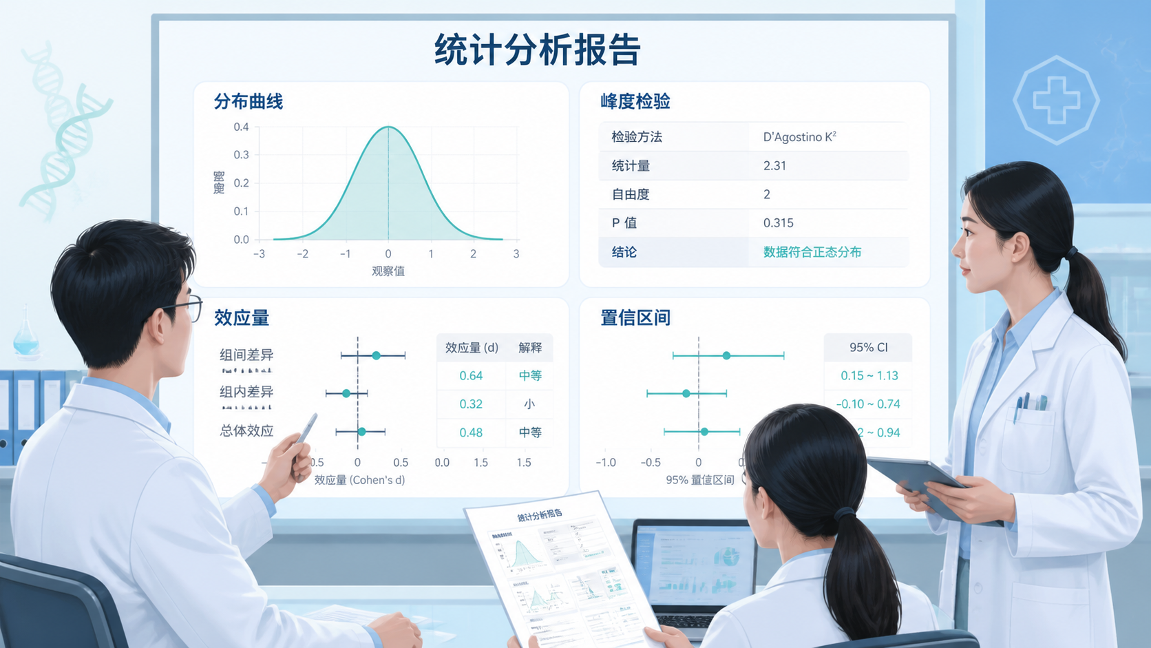 医学科研人员查看统计分析报告，图中突出分布曲线、峰度检验结果、效应量和置信区间，体现严谨研究流程