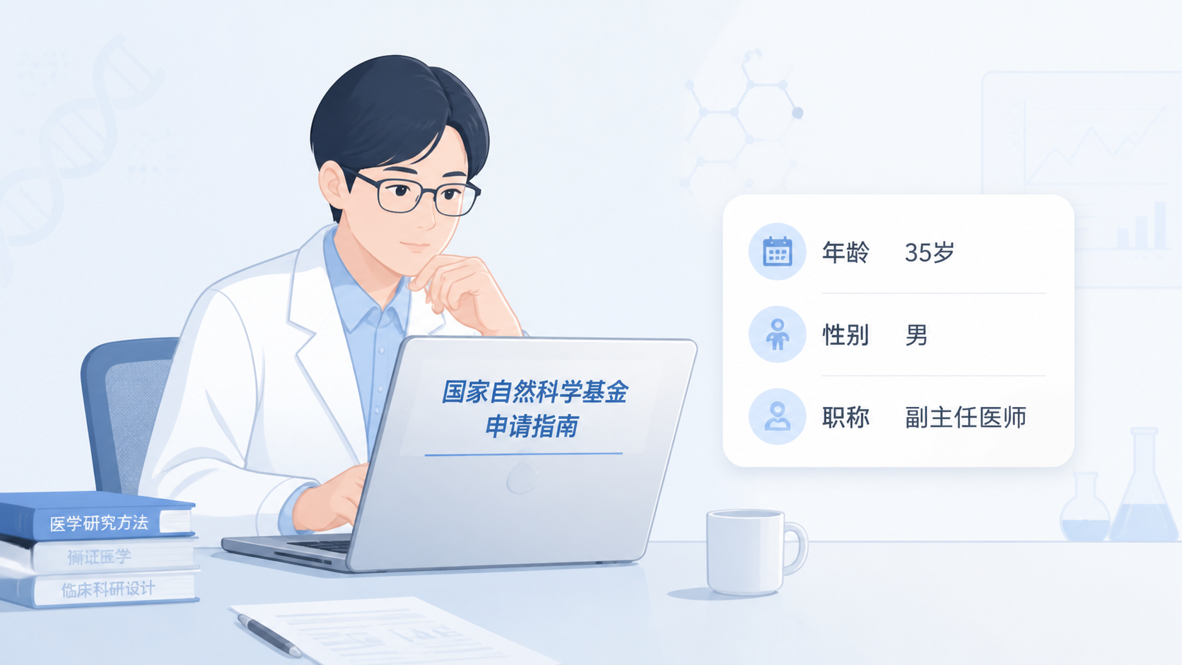 一位临床科研人员在电脑前查看国家自然科学基金申请指南，旁边有年龄、性别、职称提示标签，画面专业简洁。