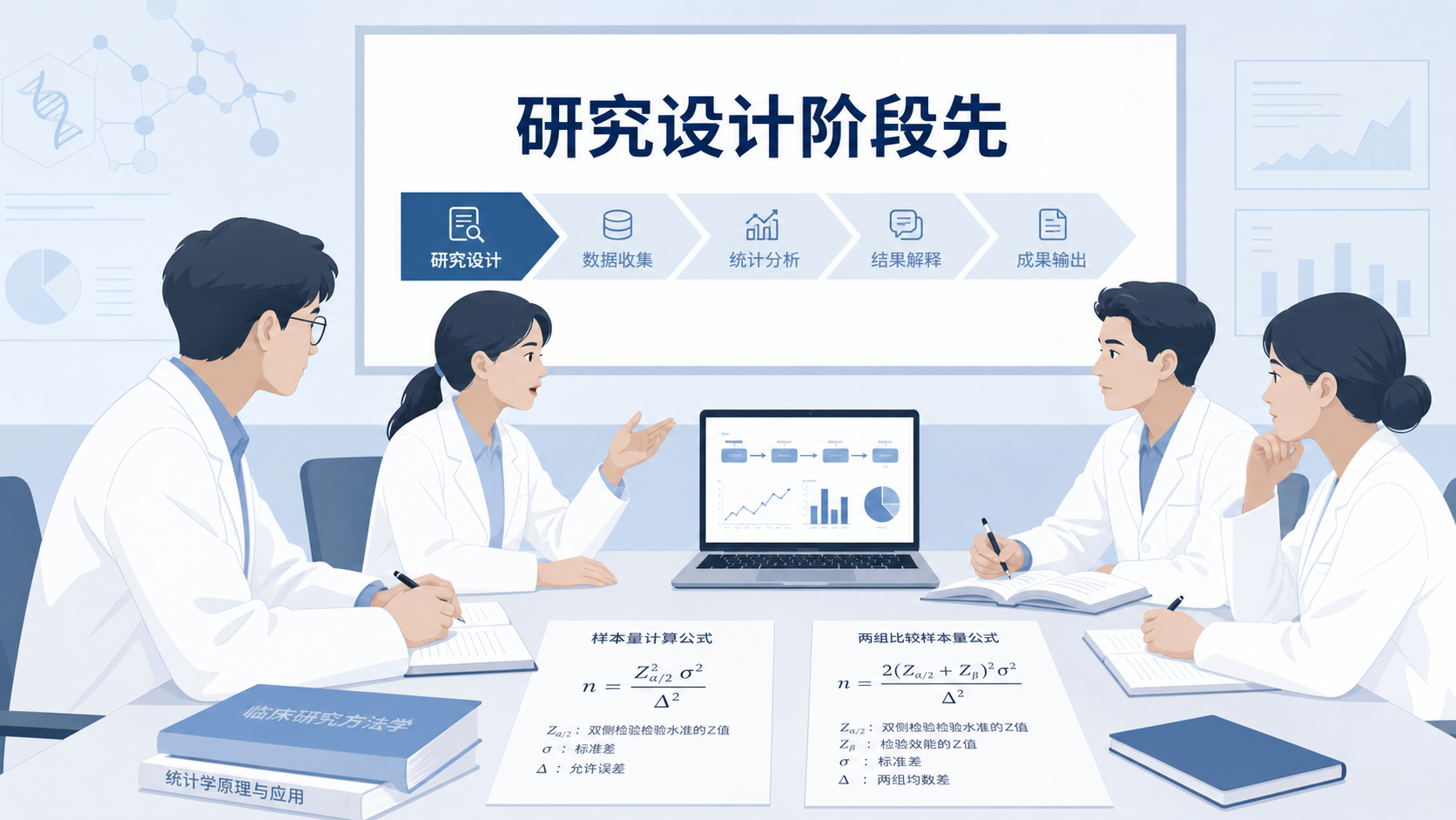 科研人员在会议桌前讨论研究设计，桌面上有样本量计算公式、文献和电脑屏幕，画面突出“研究设计阶段先定样本量”