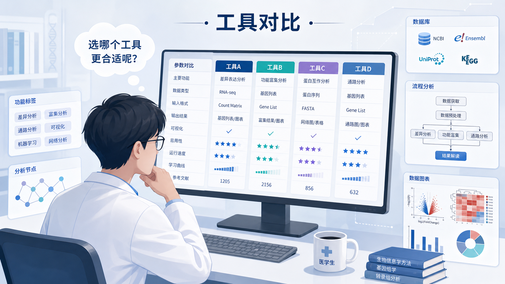 医学生在电脑前对比多个生信网站界面，旁边有数据图表、数据库图标和流程图，突出“选工具难”的场景。