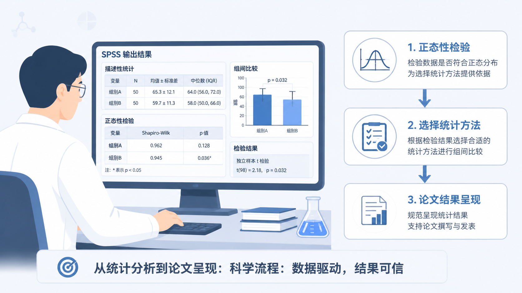 科研人员在电脑前查看SPSS输出结果，旁边有流程图展示“正态性检验→选择统计方法→论文结果呈现”