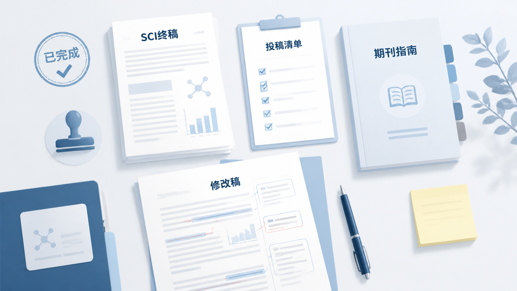 整洁的SCI论文终稿页面、投稿清单、期刊指南和标注完成的修改稿，体现专业审校与顺利投稿。