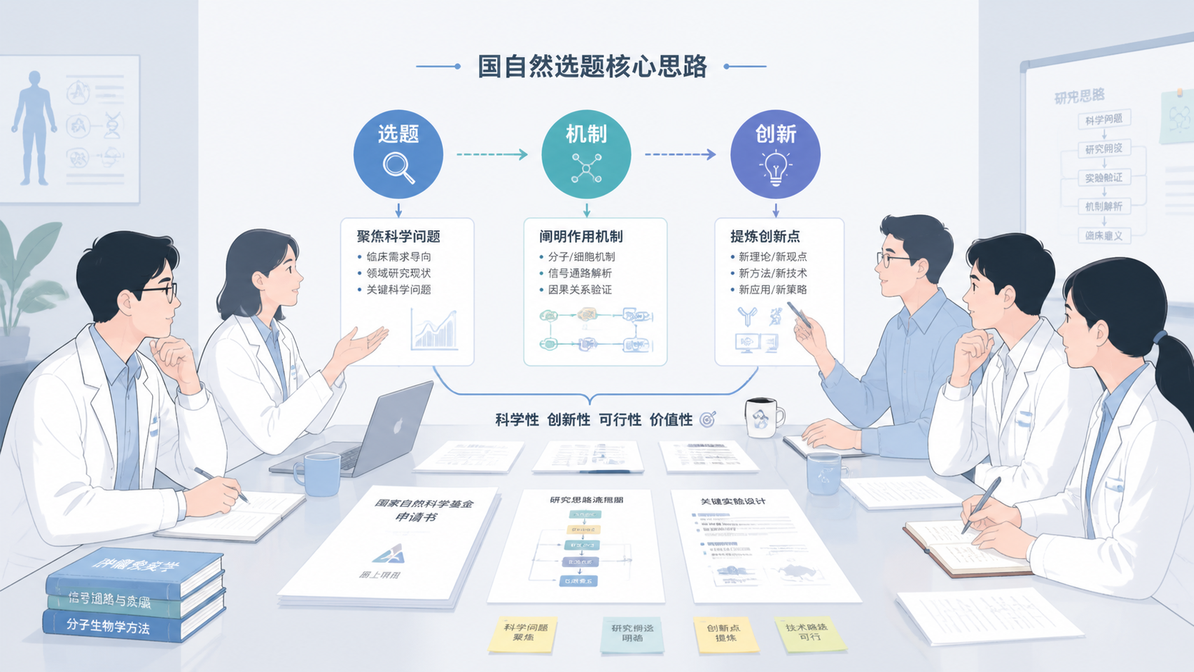 科研人员在会议室讨论国自然选题，桌上放着文献、标书和流程图，画面突出“选题、机制、创新”三个关键词