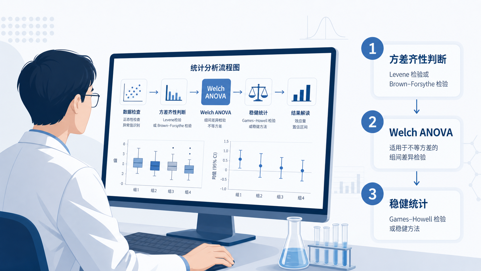 科研人员在电脑前查看统计分析流程图，旁边标注“方差齐性判断、Welch ANOVA、稳健统计”步骤，体现专业和转化导向。