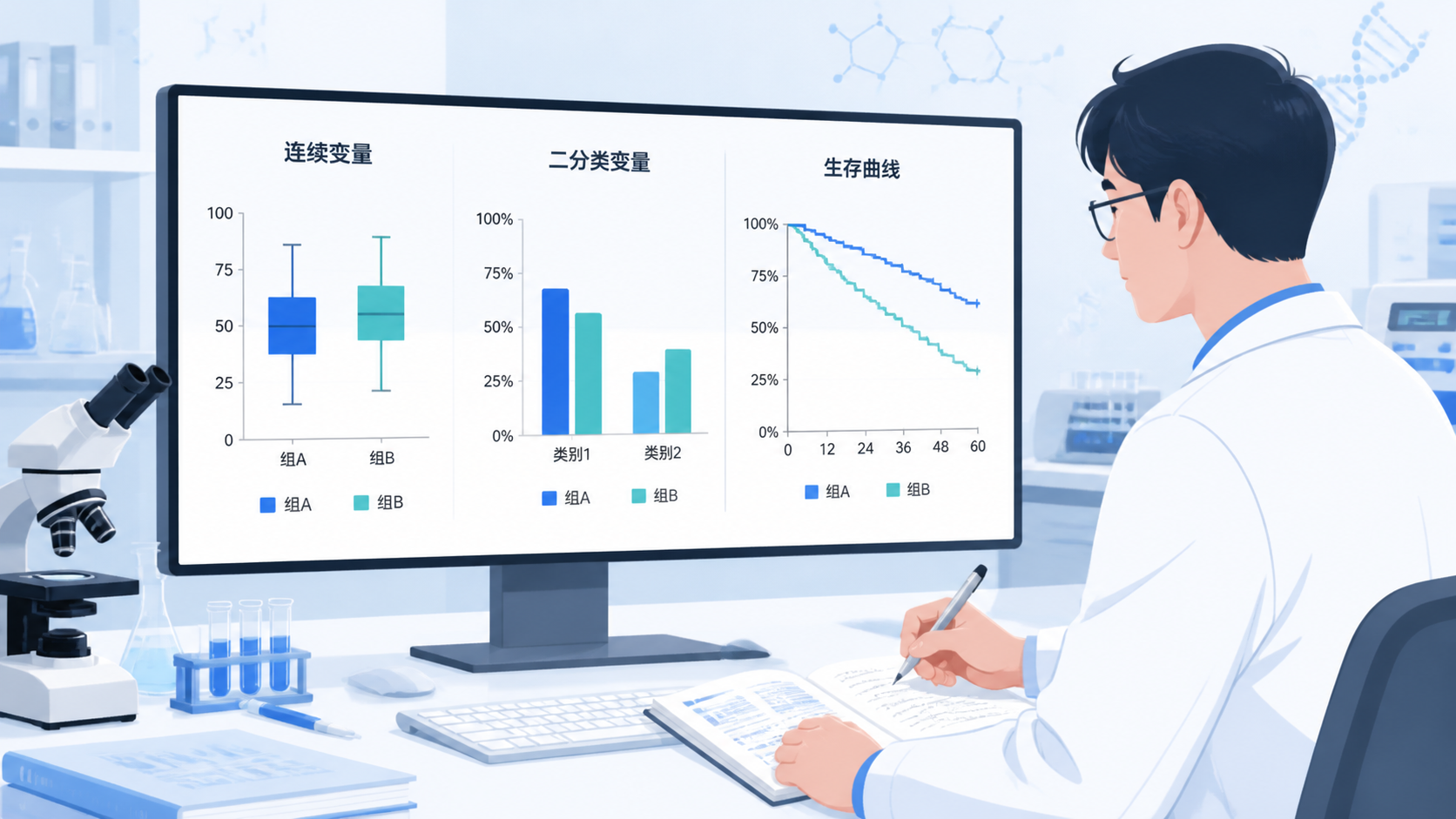 科研人员在实验室和统计软件前比较两组数据，屏幕上显示连续变量、二分类变量和生存曲线。