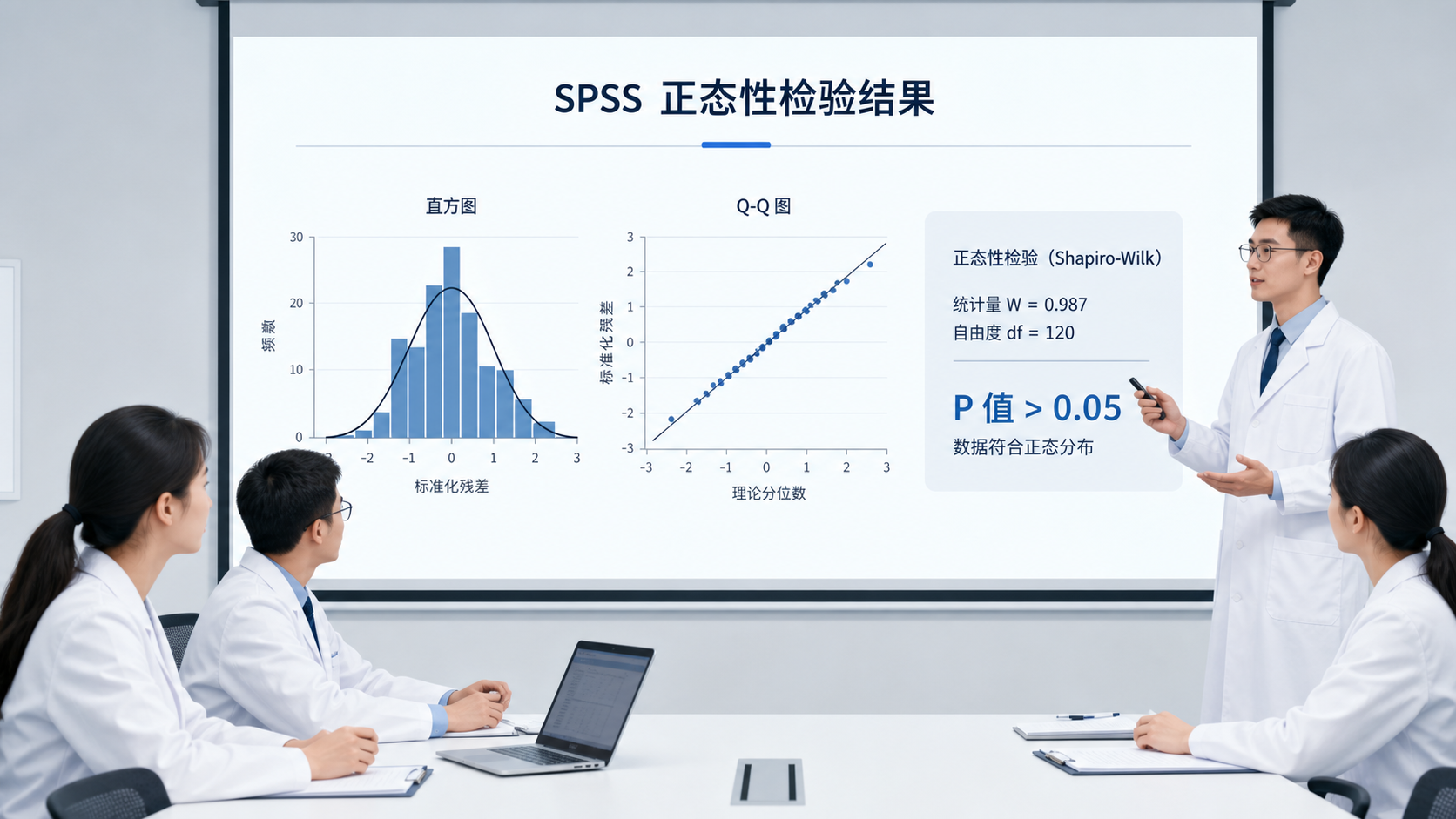 科研人员在会议室展示SPSS正态性检验结果,屏幕上同时呈现直方图、Q-Q图和“P值>0.05”的结论。