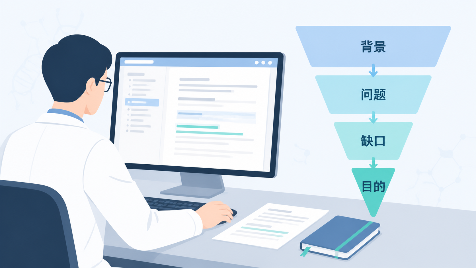 科研人员在电脑前修改论文引言结构示意图，旁边叠加“背景-问题-缺口-目的”的漏斗式逻辑图。