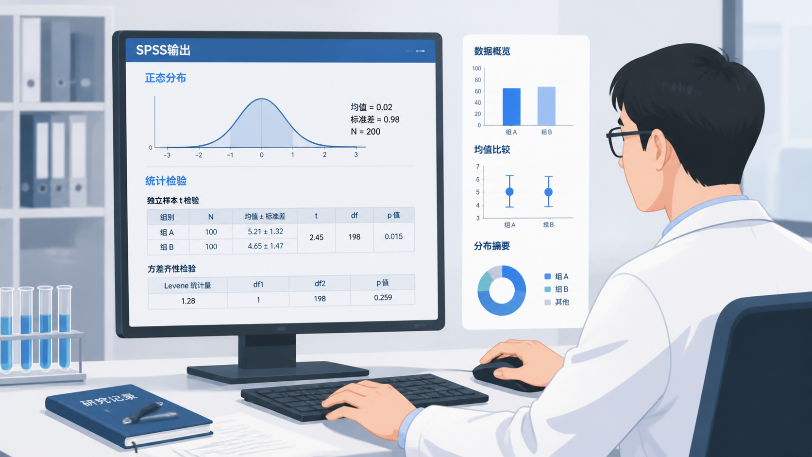 医学科研人员在电脑前查看SPSS输出结果，旁边展示正态分布图和统计检验表格。