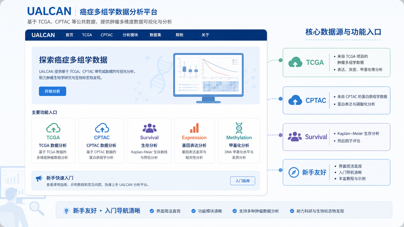 UALCAN首页界面截图，旁边标注TCGA、CPTAC、Survival等主要功能入口，突出新手最常见的操作路径。