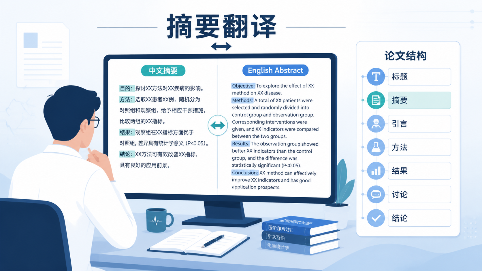 科研人员在电脑前对照中文摘要和英文摘要，旁边有论文结构示意图，突出摘要翻译与撰写的核心场景