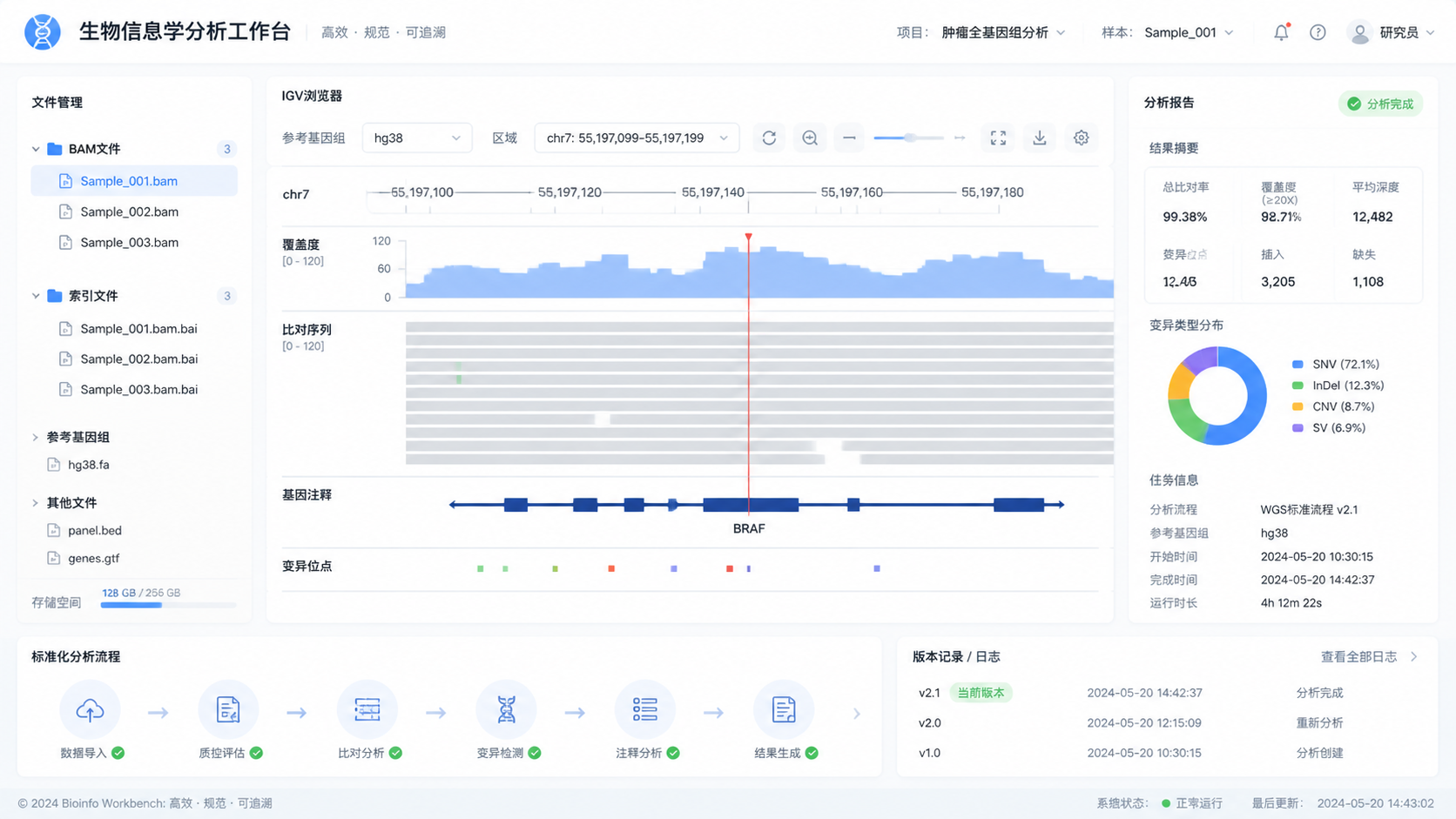 整洁的生信工作台界面，展示BAM文件、索引文件、IGV浏览器和分析报告，体现“高效、规范、可追溯”的流程闭环