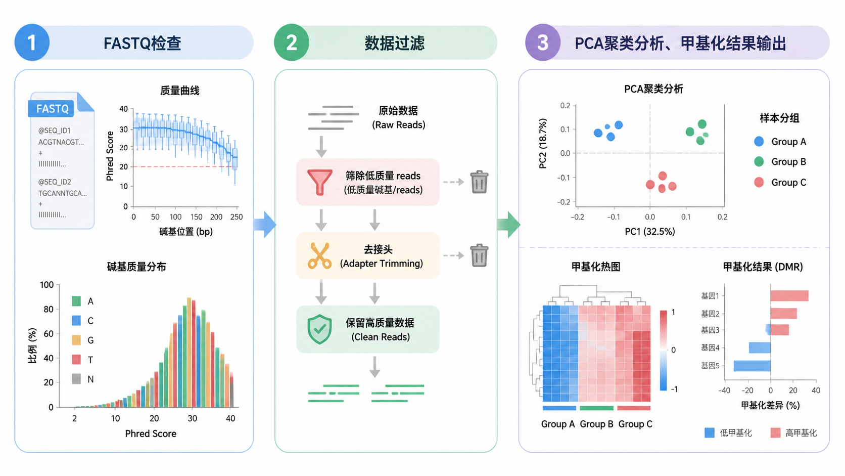三步质控流程信息图，展示FASTQ检查、数据过滤、PCA聚类分析与甲基化结果输出，风格专业简洁。