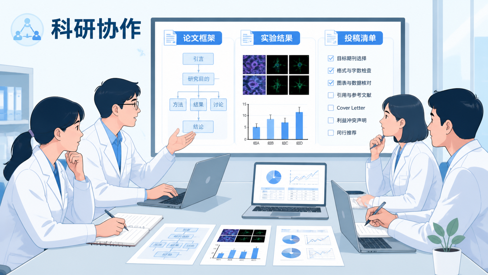 科研团队围绕论文框架讨论，桌上有清晰的课题结构图、实验结果图和投稿清单，整体呈现专业高效的科研协作场景
