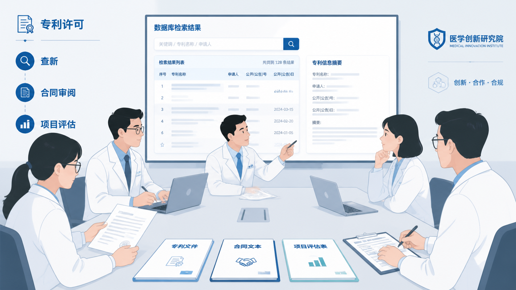 医学科研团队在专利许可签约前进行查新、合同审阅和项目评估，画面包含专利文件、数据库检索结果和品牌服务展示，突出专业与可信赖