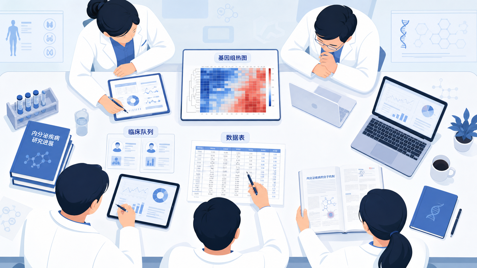 内分泌疾病研究场景图，包含数据表、基因组热图、临床队列和医生讨论的科研桌面
