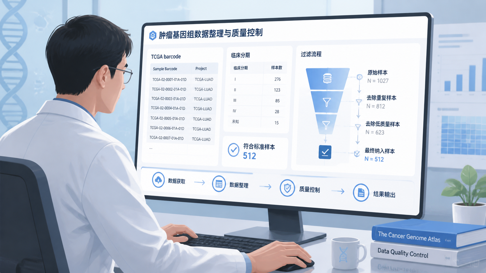 研究人员在电脑前核对TCGA barcode、临床分期和过滤流程的科研场景图