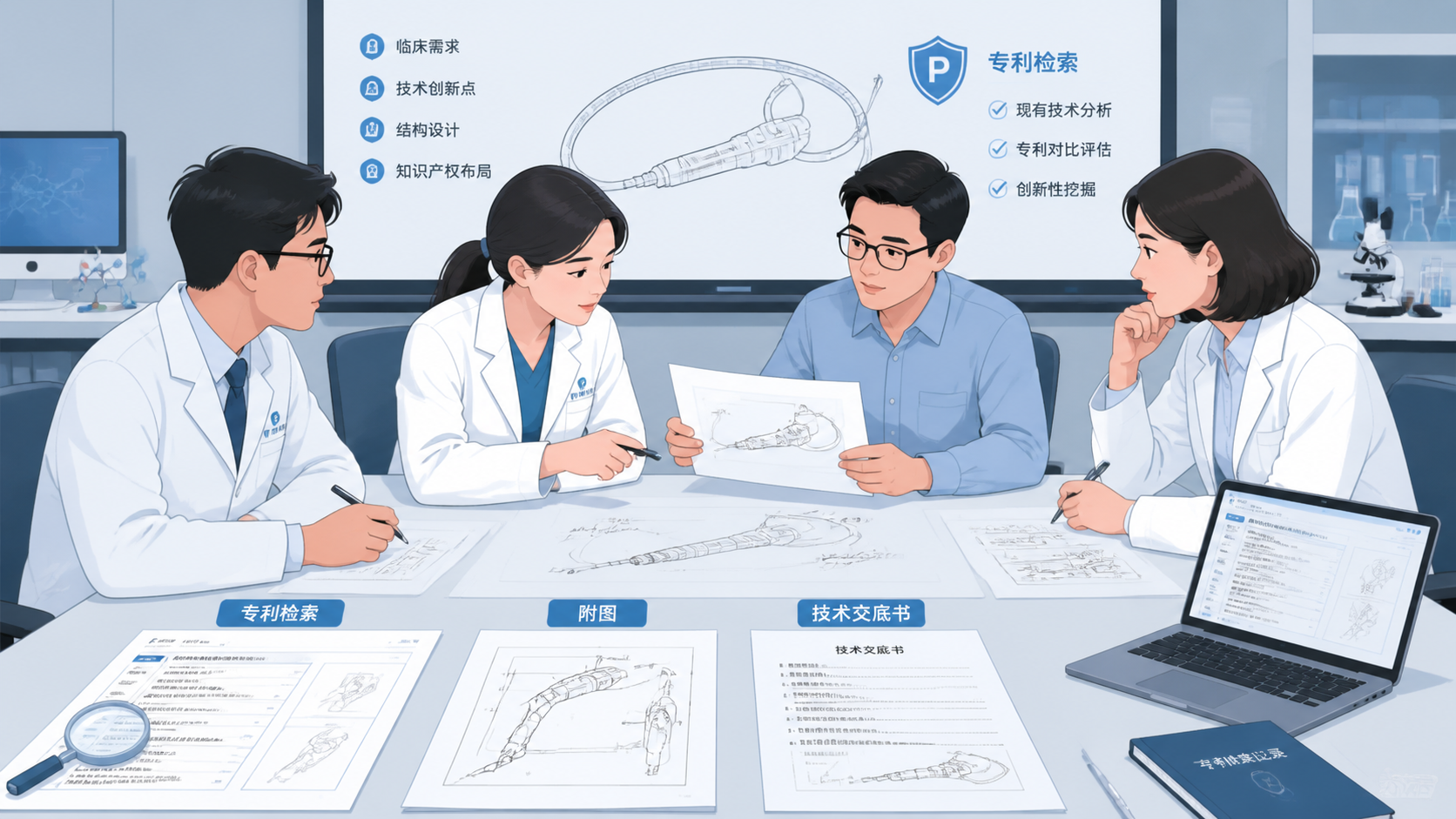 医生、科研人员围绕医疗器械草图讨论，旁边展示专利检索、附图和技术交底书的工作场景