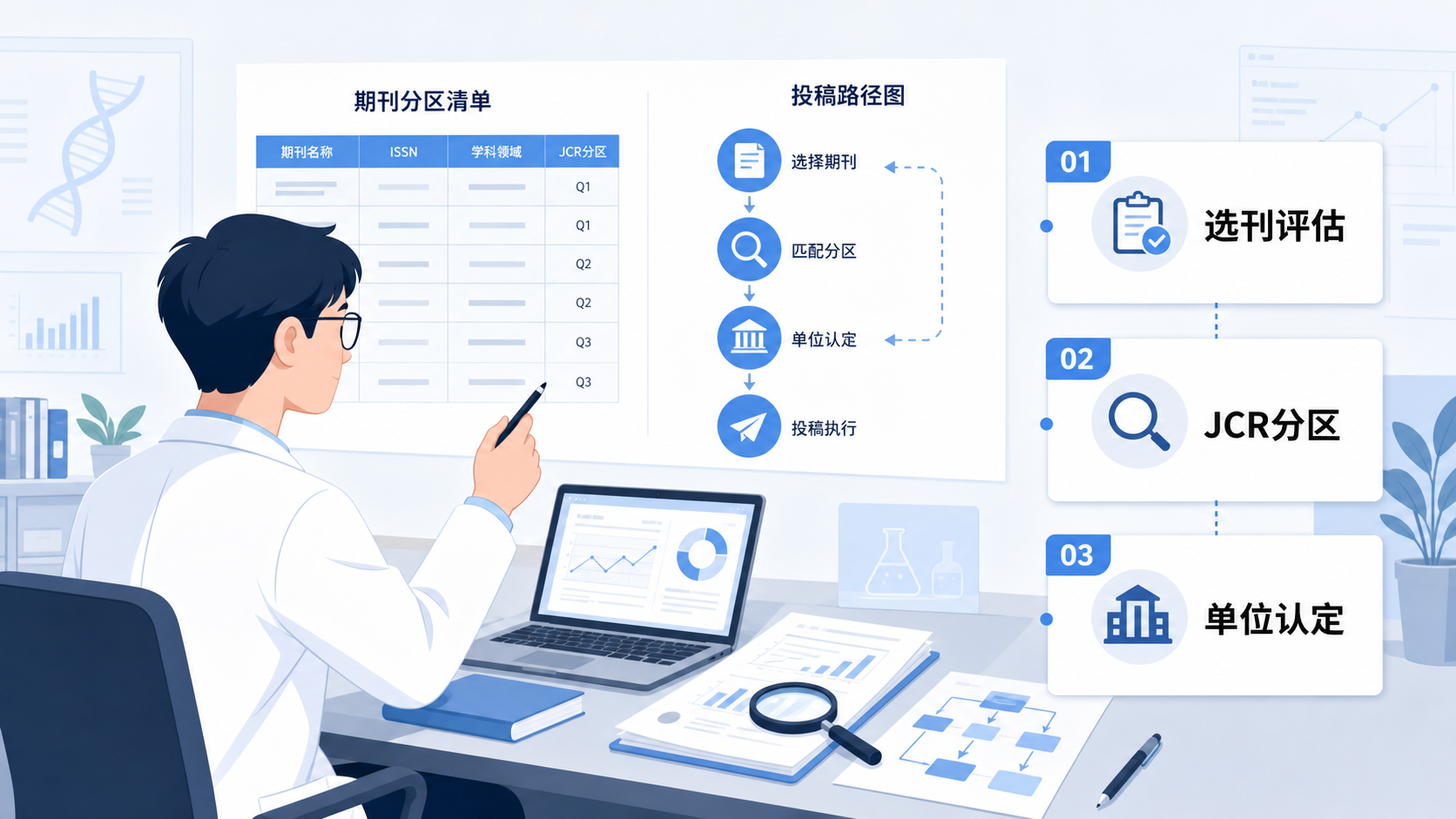 科研人员对照期刊分区清单与投稿路径图，突出“选刊评估、JCR分区、单位认定”三个步骤
