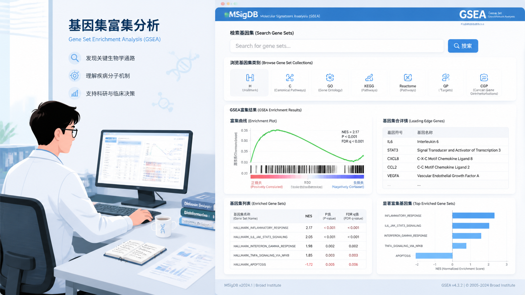 科研人员在整理基因集富集结果，右侧显示MSigDB检索页面和GSEA分析图，整体风格专业简洁。