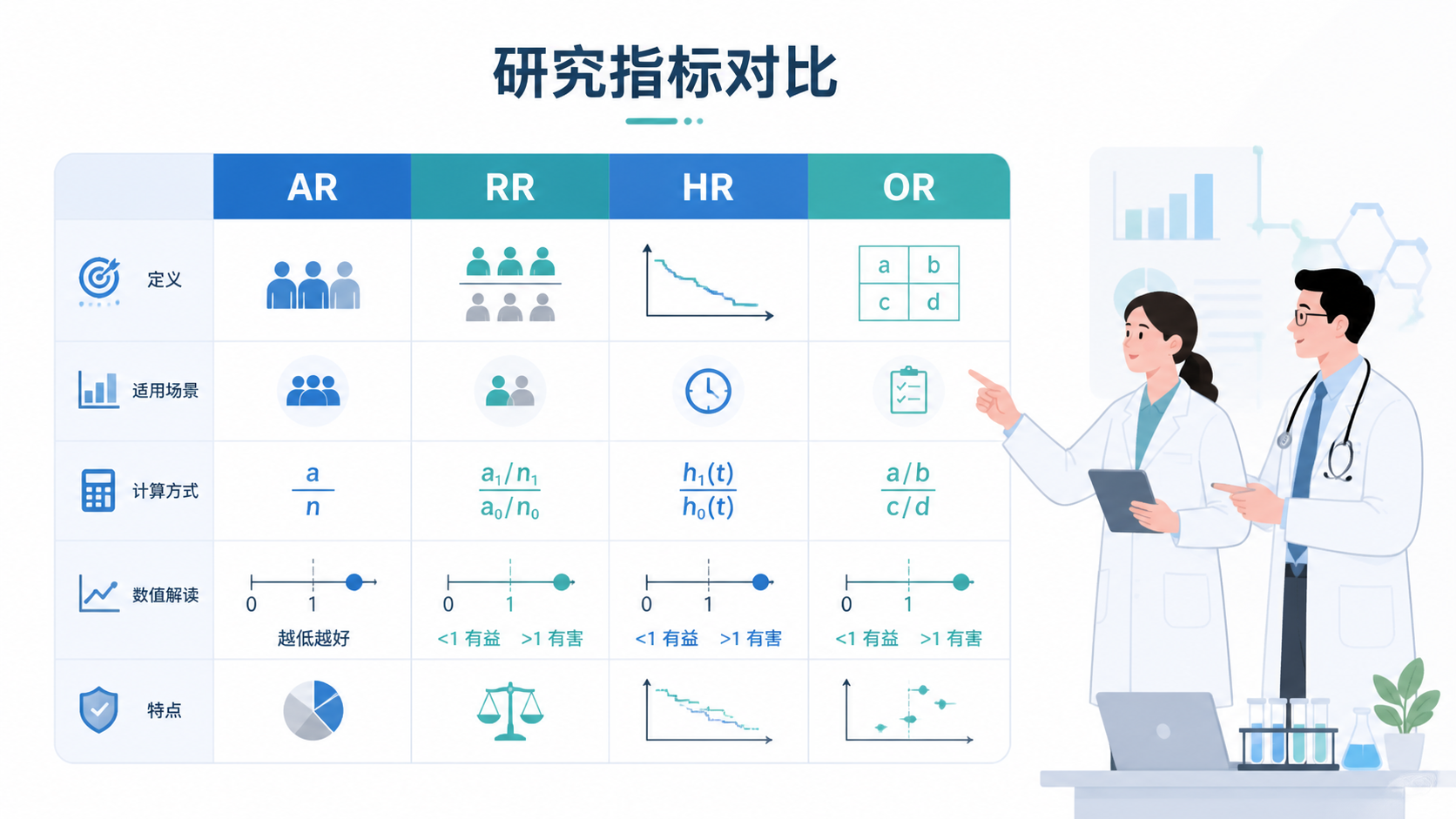 一页整洁的研究指标总结图，展示AR、RR、HR、OR的对比表，右侧有医生和科研人员在讨论数据。