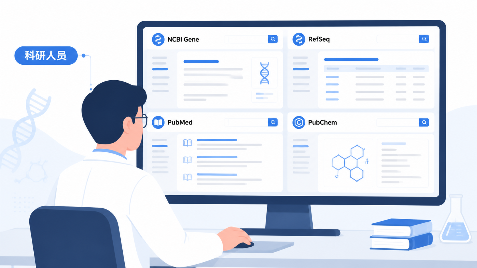 科研人员在多窗口界面中同时查看NCBI Gene、RefSeq、PubMed和PubChem页面，旁边标注“检索、序列、文献、结构一体化”，体现高效科研工作流。