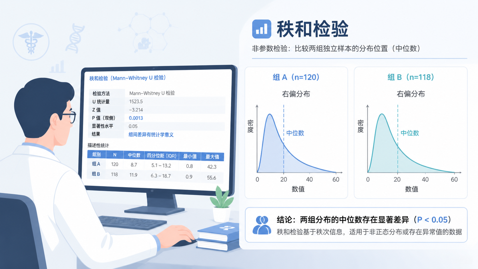 医学研究者在电脑前查看统计软件结果，旁边有两组偏态分布数据图和“秩和检验”标注。