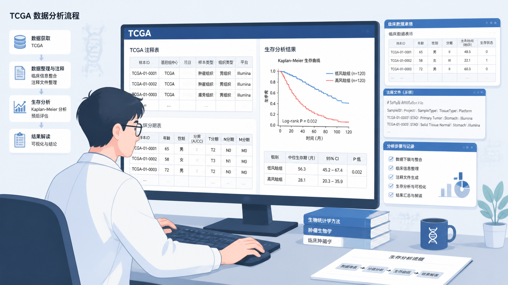 科研人员在电脑前整理TCGA注释表、临床分期表和生存分析结果的工作场景。