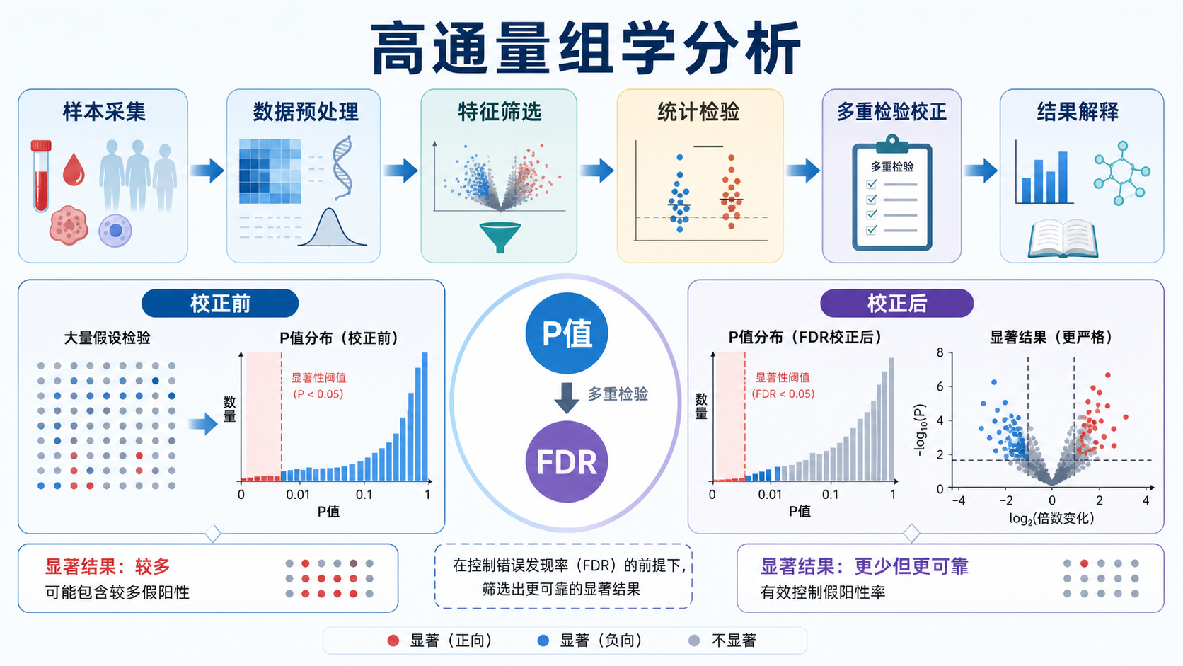 高通量组学分析流程图,重点突出多重检验、P值与FDR校正的关系,风格简洁专业