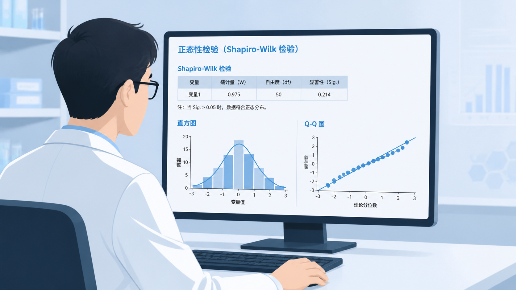 医学科研人员在电脑前查看SPSS输出结果，画面包含Shapiro-Wilk检验表、直方图和Q-Q图，强调统计分析流程规范化