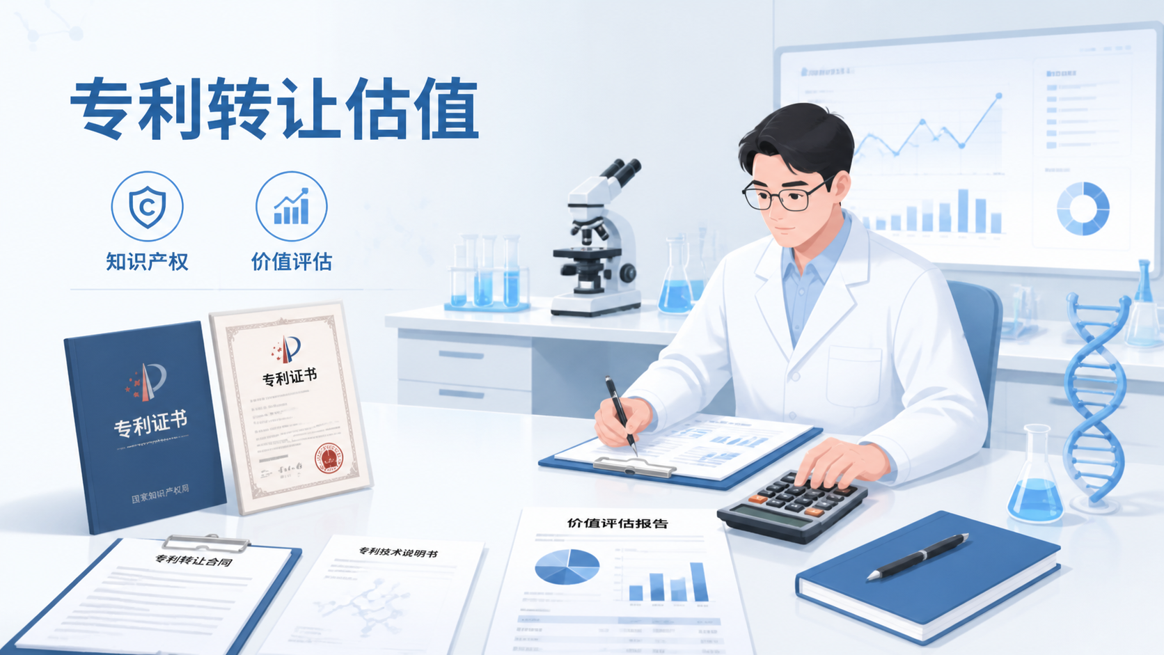 科研人员在实验室与知识产权文件、专利证书、计算器同框，突出“专利转让估值”主题