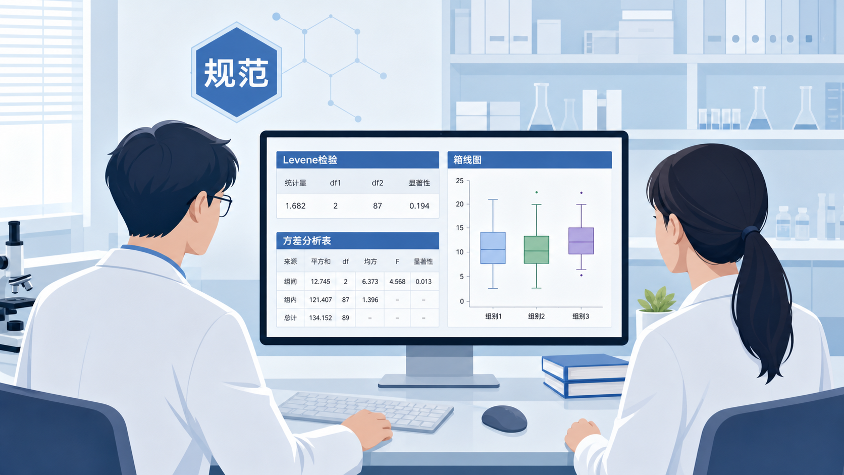 医生和科研人员在电脑前查看统计分析结果，屏幕展示Levene检验、箱线图和方差分析表，体现“规范分析与工具支持”