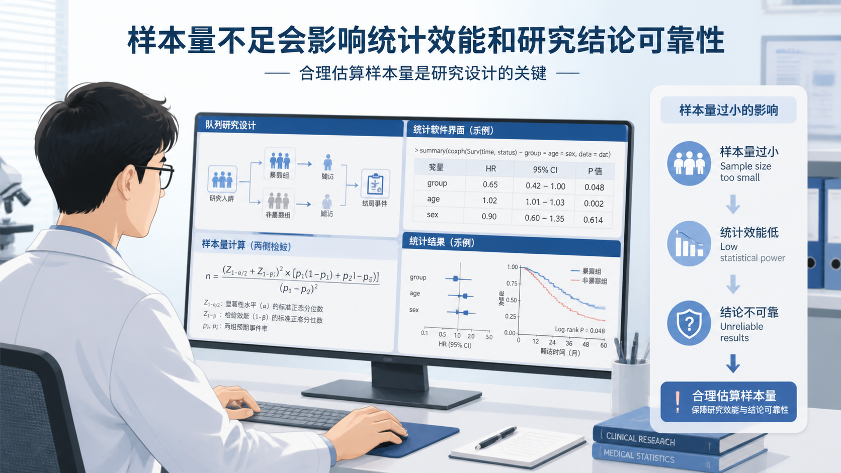 医学生或研究者在电脑前查看队列研究设计图、样本量计算表和统计软件界面，画面突出“样本量不足会影响结论可信度”