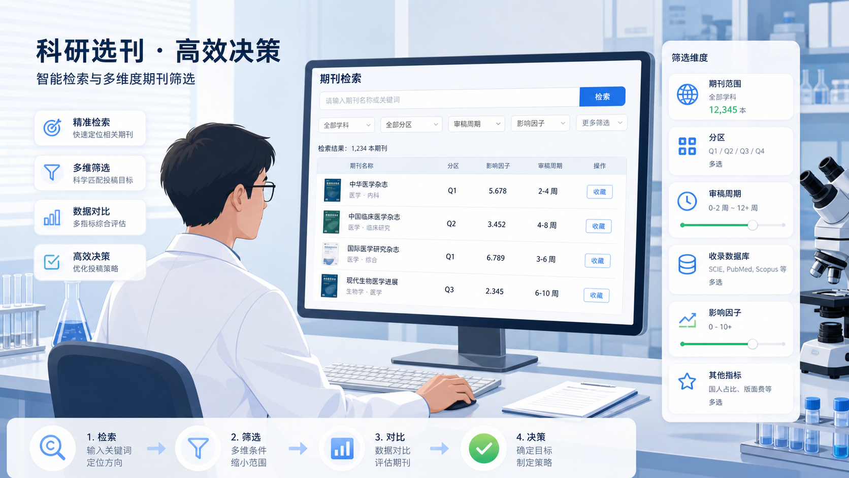 科研人员在电脑前浏览期刊数据库，旁边展示期刊范围、分区和审稿周期等筛选信息的界面