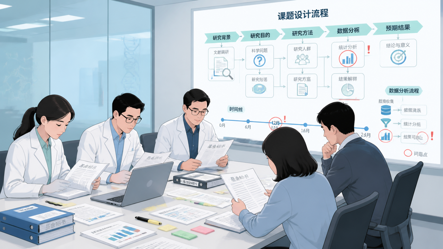 医学科研人员在会议室中审阅基金标书，旁边有课题设计流程图和被标记的问题点。