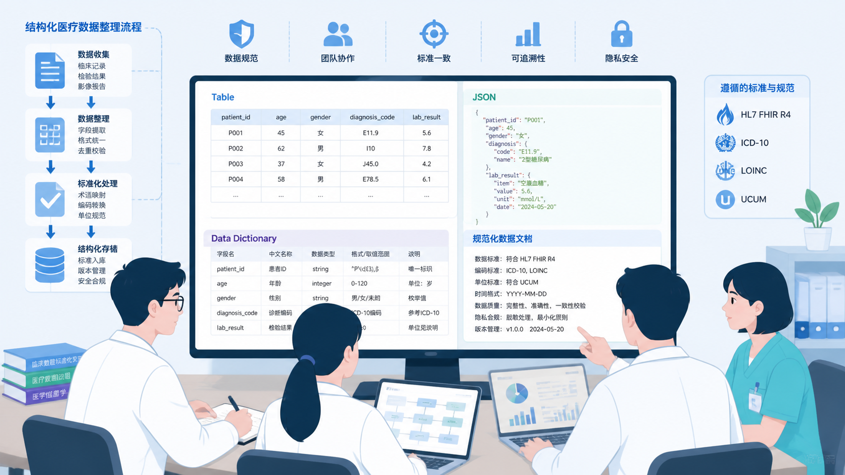 医学生、医生和科研人员在电脑前查看表格、JSON示例和数据字典，体现规范化数据文档场景。