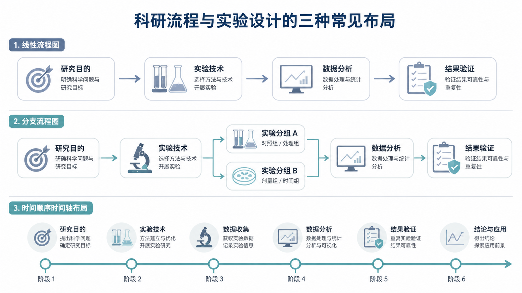 科研论文中的技术路线图示意图，展示从研究目的、实验技术到时间顺序的三种常见布局，背景简洁，突出逻辑清晰的流程箭头。