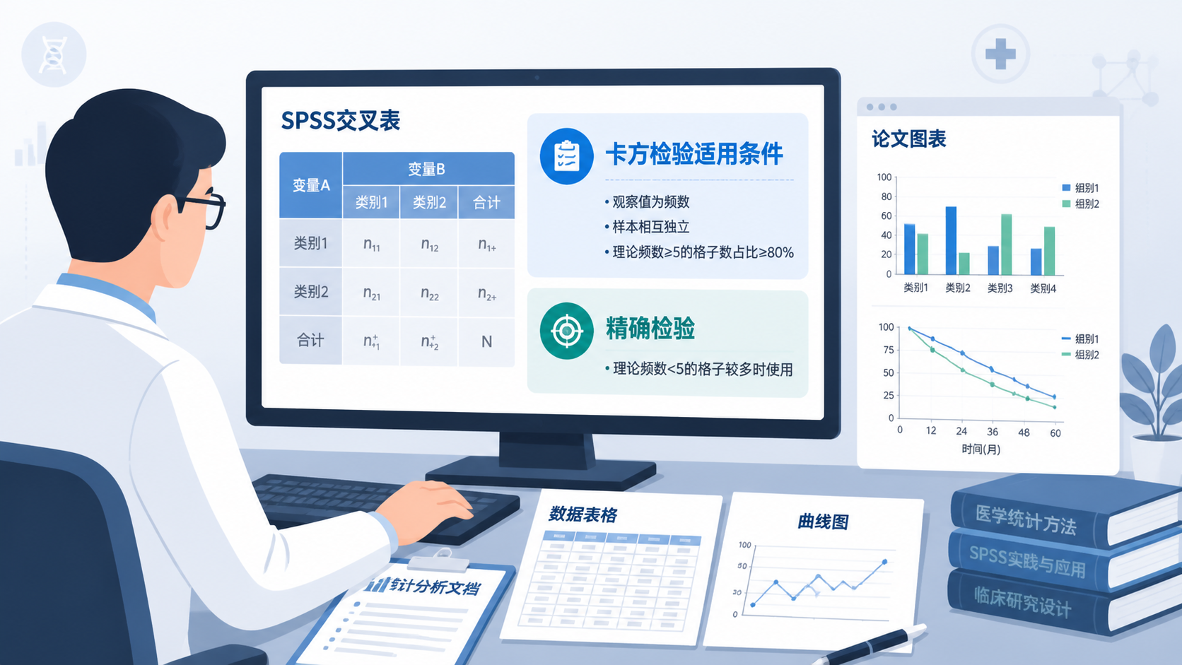 科研人员在电脑前查看SPSS交叉表结果和论文图表，画面突出“卡方检验适用条件”与“精确检验”两个信息点
