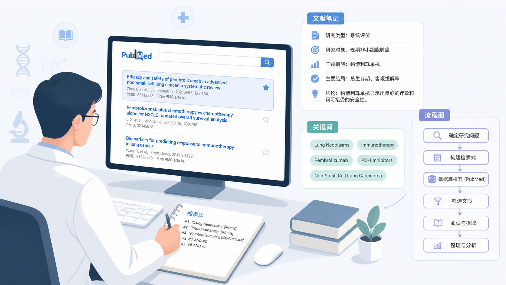 科研人员在电脑前整理检索式笔记，旁边展示高亮的PubMed检索结果、文献笔记和流程图，体现“检索-筛选-记录”闭环