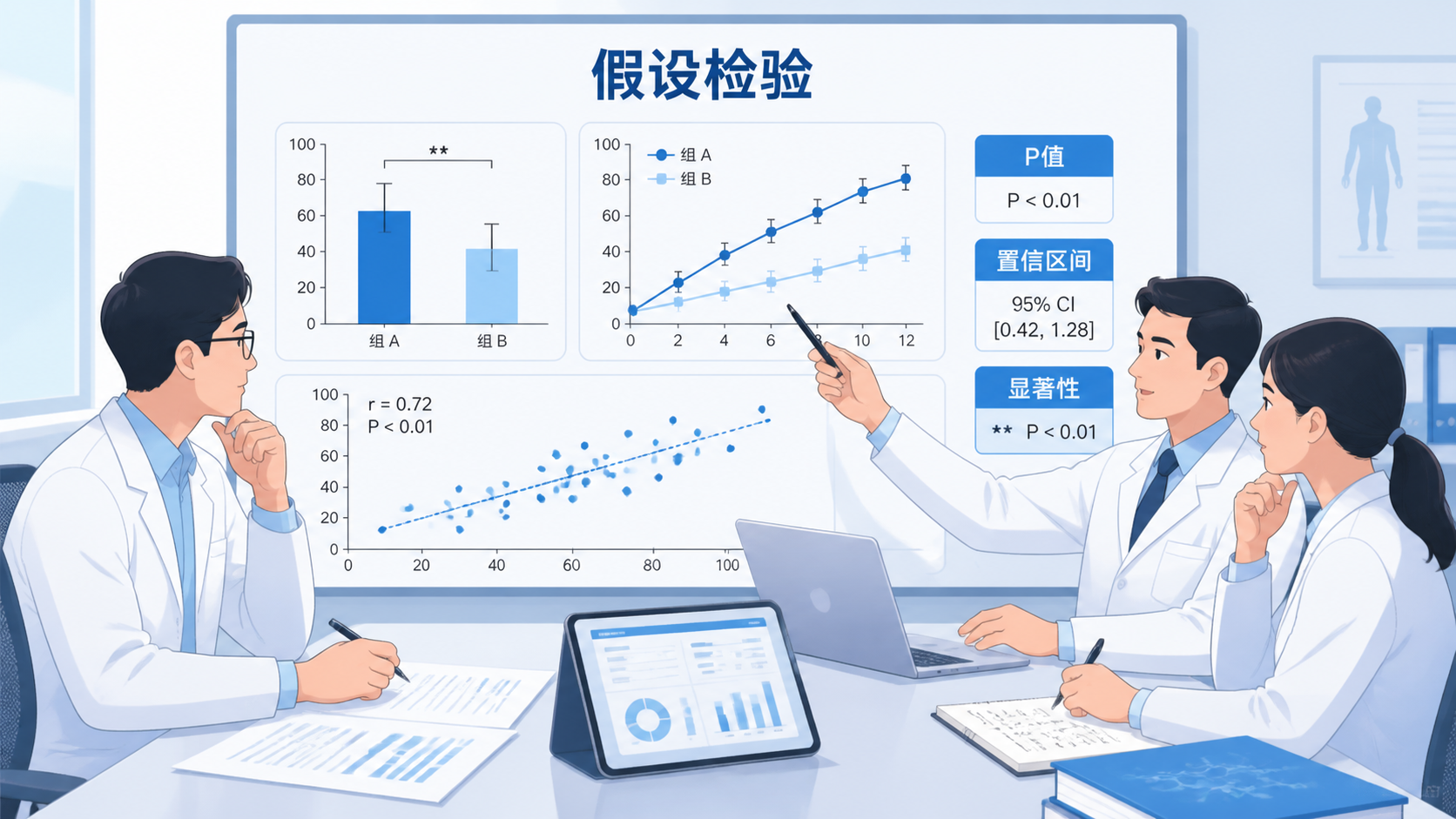 临床研究数据分析场景，包含统计图、论文和医生讨论的画面，突出假设检验主题