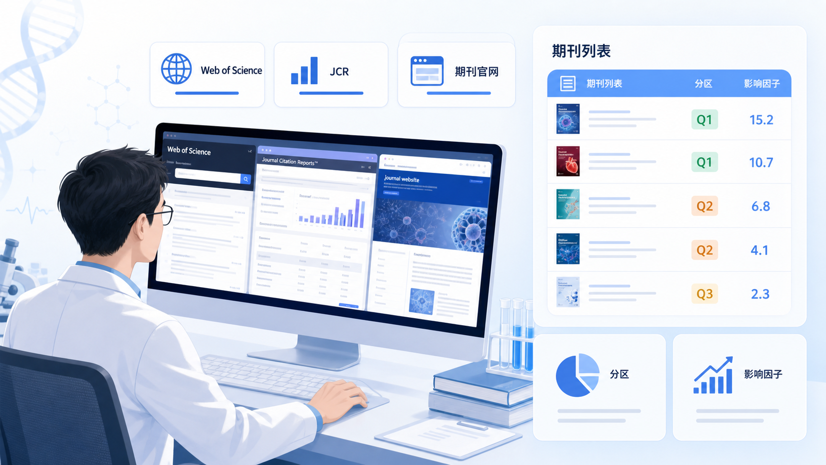 科研人员在电脑前检索Web of Science、JCR和期刊官网，旁边显示期刊列表、分区和影响因子信息。