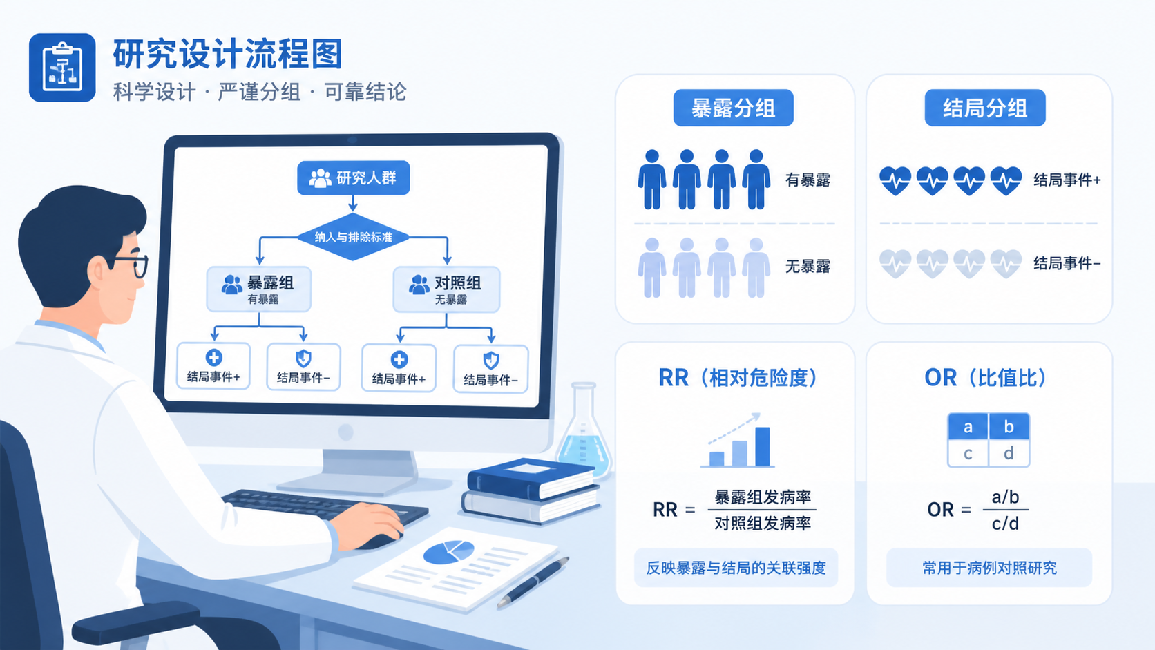 医学科研人员在电脑前整理研究设计流程图，旁边显示“暴露分组”“结局分组”“RR”“OR”等关键词，风格简洁专业。