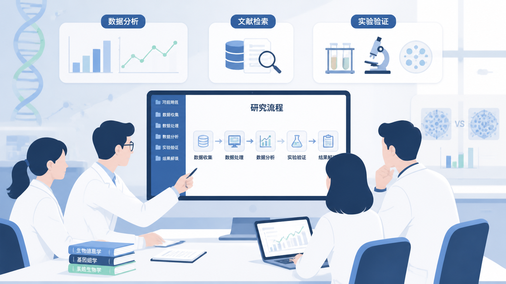 医学生和科研人员在电脑前讨论生信课题流程图，旁边有数据分析、文献检索和实验验证的示意图