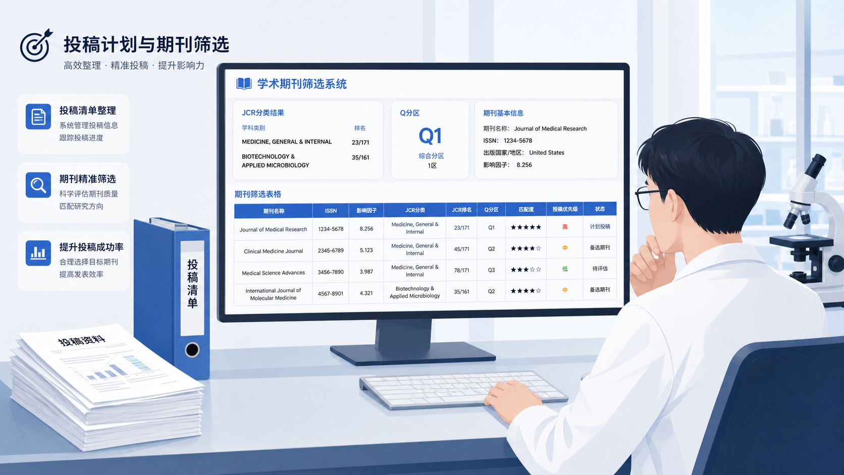 科研人员整理期刊投稿清单,屏幕上显示JCR分类结果、Q分区和期刊筛选表格。