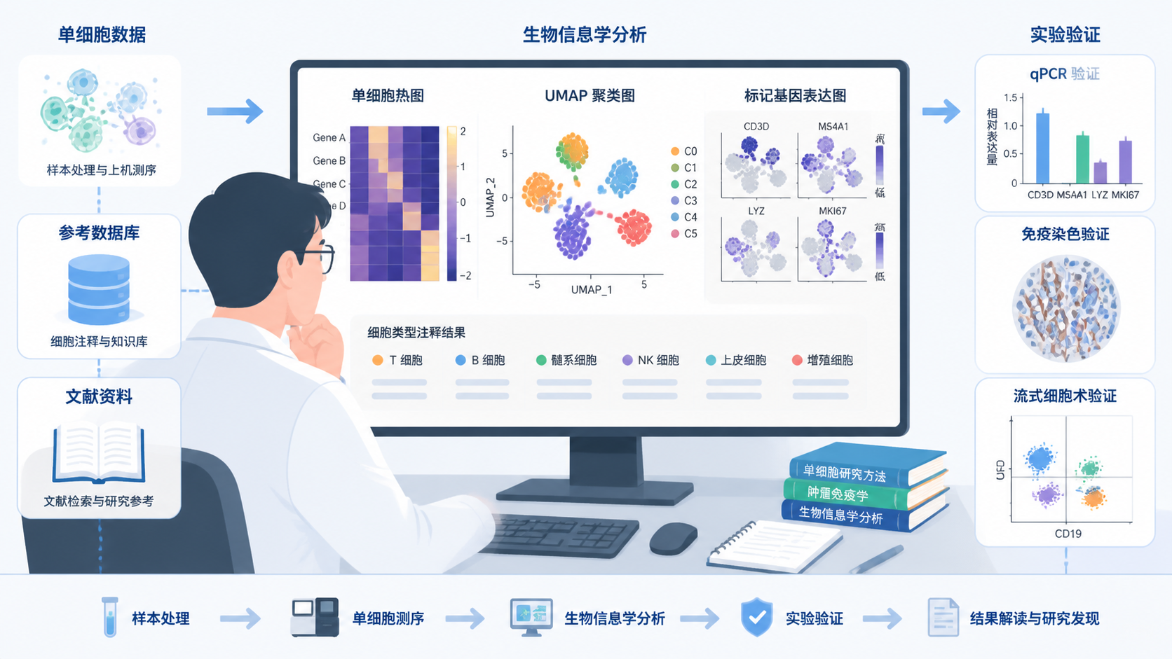 科研人员在电脑前查看单细胞热图、UMAP聚类图和标记基因表达图，旁边有参考数据库和验证实验示意