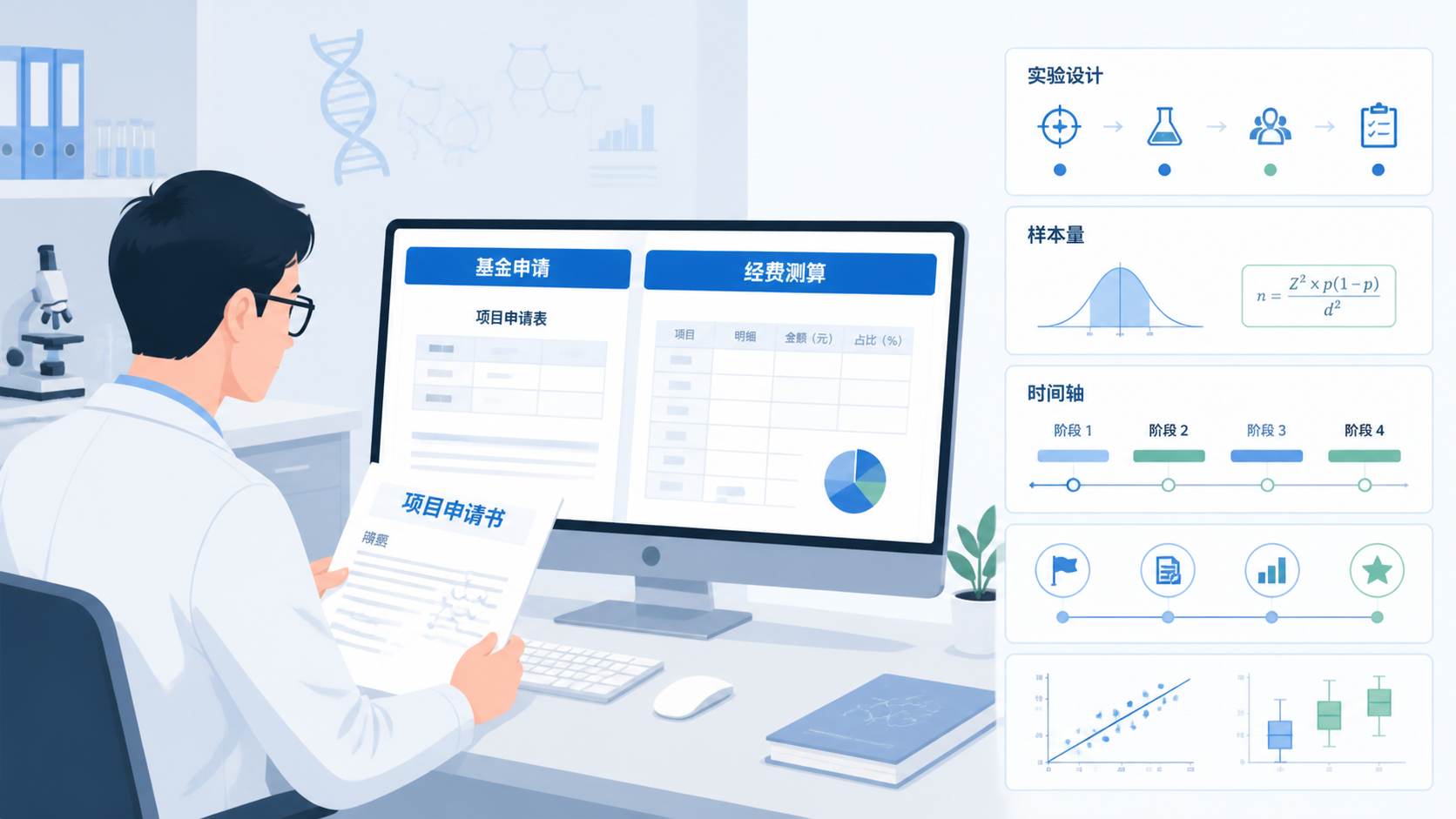 医学科研人员在电脑前查看基金申请书与经费测算表，旁边有实验设计、样本量和时间轴示意图