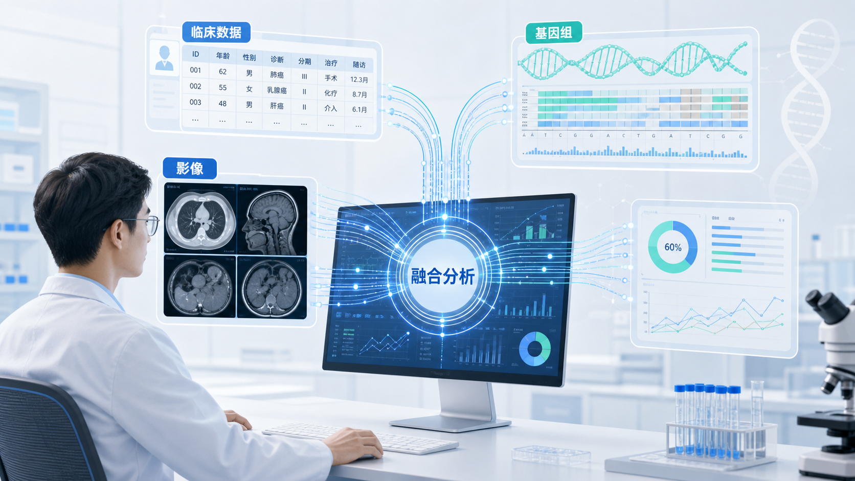 一位科研人员在电脑前整合临床表格、基因组图谱和医学影像，画面突出“多源数据汇聚”为一体的视觉概念。