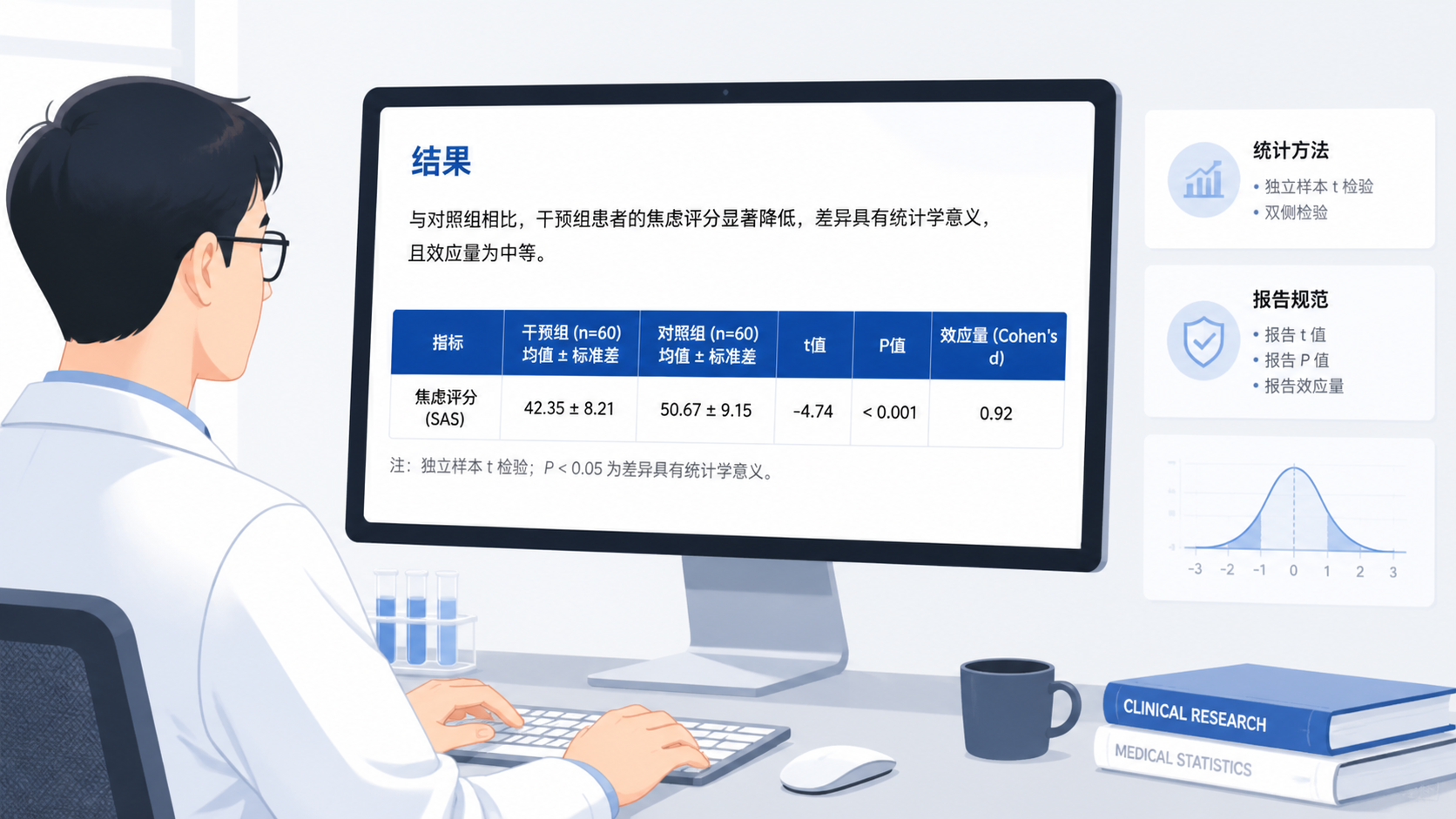 医学论文写作场景，屏幕上展示规范结果表述、t值、P值、效应量