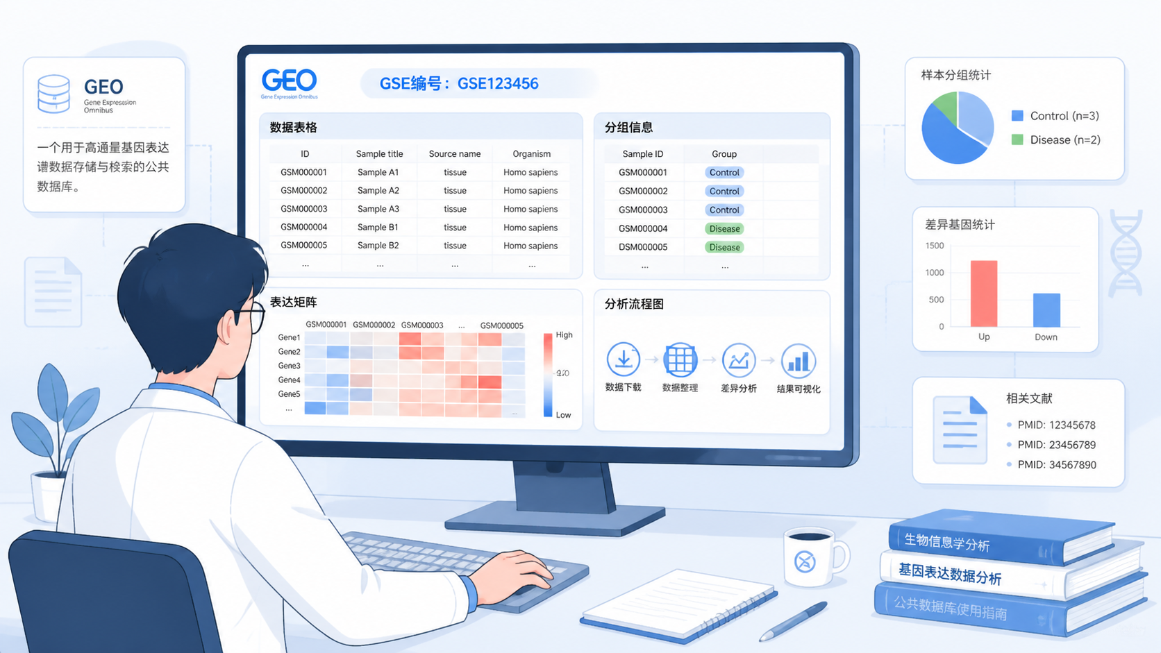 科研人员在电脑前整理GEO数据表格与分组信息的工作场景，旁边展示表达矩阵、GSE编号和分析流程图，风格专业简洁